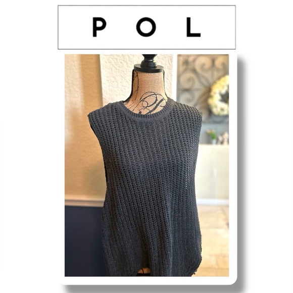 POL Slate Grey Open Knit Scoop Neck Sleeveless Hi-Lo  Sweater Size Large - Picture 2 of 14